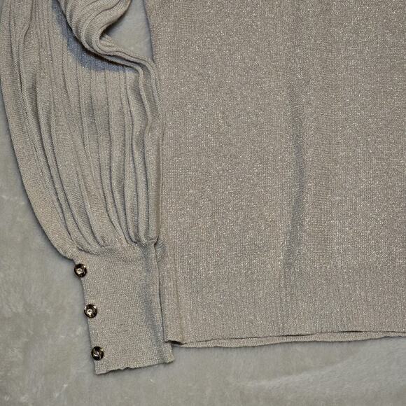 Nanette Lepore Women’s Large Shimmer Knit Sweater Metallic Pleated Sleeve Jewels - Picture 2 of 5